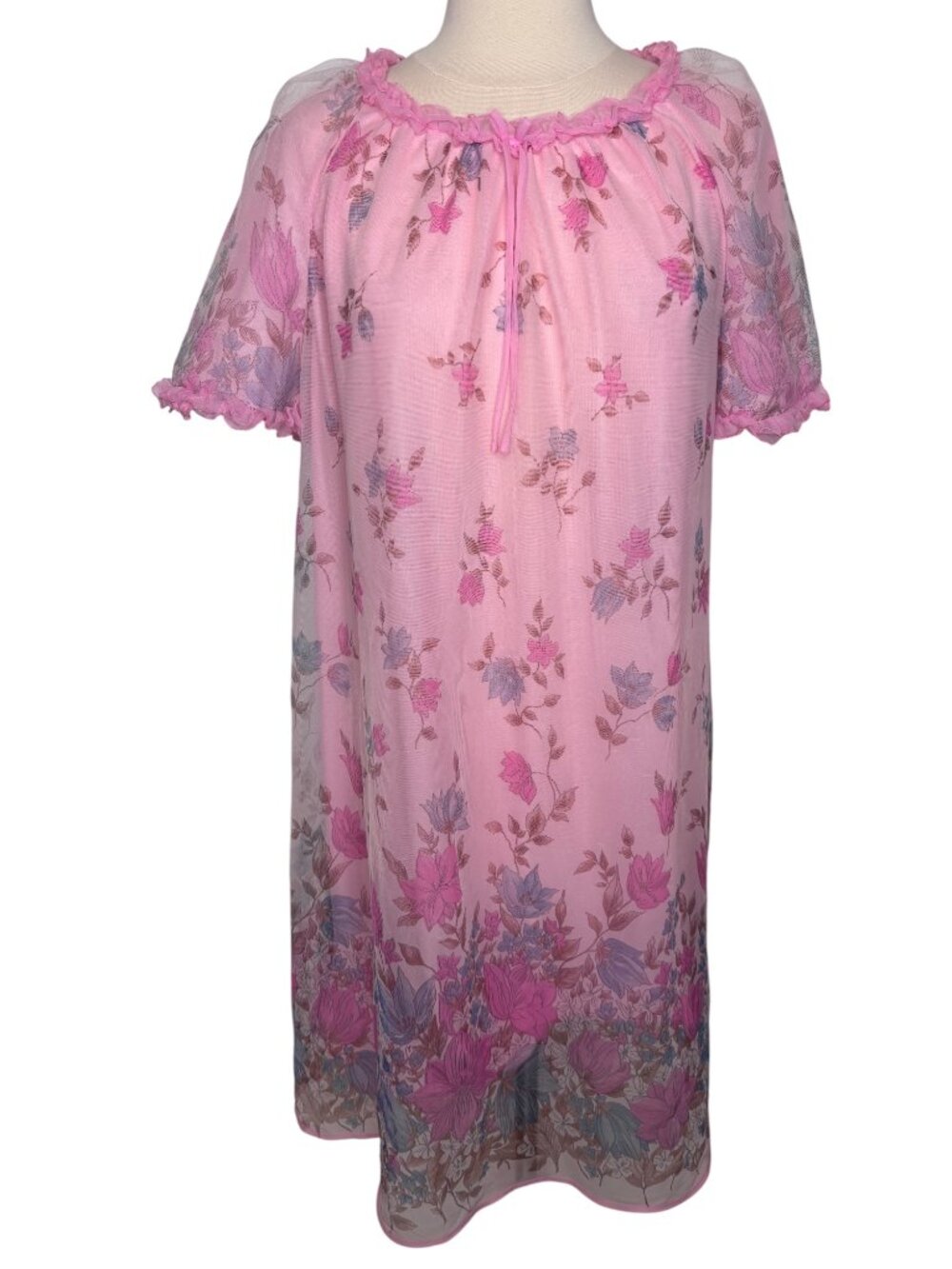 Vintage St. Michael Pink Chiffon Nylon Lined Floral Nightgown Chemise Size L/XL